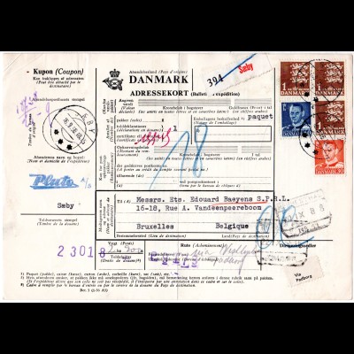 Dänemark 1958, 5 Marken auf Paketkarte v. SAEBY n. Belgien.