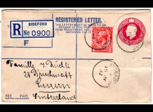 GB 1932, 1d Zusatzfr. auf 4 1/2d R-Ganzsachenumschlag v. Bideford i.d. Schweiz.