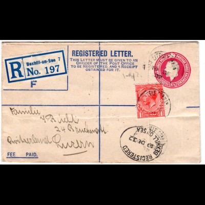 GB 1932, 1d Zusatzfr. auf 4 1/2d R-Ganzsachenumschlag v. Bexhill 7 i.d. Schweiz.
