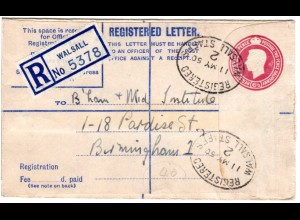 GB 1950, 6 1/2d R-Ganzsachenumschlag v. Wallsall n. Birmingham