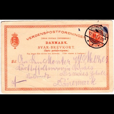 Dänemark P 131 A, 10 öre Antwortkarte, 1913 zurückgebraucht v. Bremerhaven
