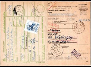 DDR 1970, Paketkarte v. Leipzig m. Schweden Lösen-label u. 3 Kr. als Portomarke