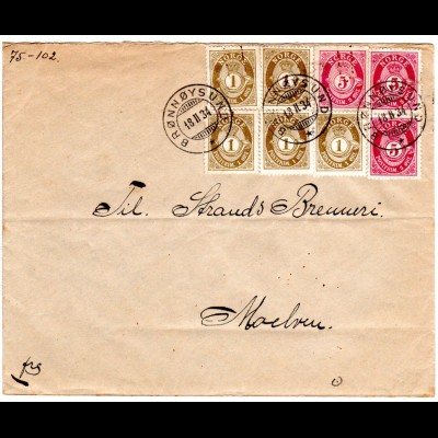 Norwegen 1934, 5x1+3x5 öre auf Brief v. BRONNOYSUND