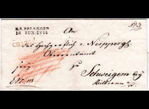 Bayern 1826, L2 R.3. ERLANGEN u. roter L1 CHARGÉ klar auf Brief n. Württemberg.