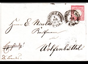 DR 1873, 1 Gr. gr. Brustschild auf Brief m. K2 BRAUNSCHWEIG BAHNHOF 