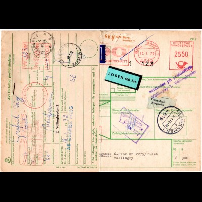 BRD 1972, Luftpost Paketkarte v. BERGKAMEN m. Schweden Porto-Etikett 