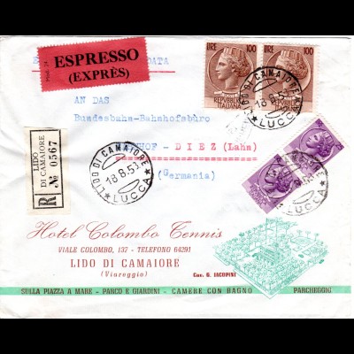 Italien 1953, 4 Marken auf Reko Express Brief v. Lido Di Camaiore n. Deutschland