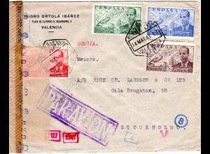 Spanien 1943, 4 Flugpost Marken auf Luftpost Zensur Brief v Valencia n. Schweden