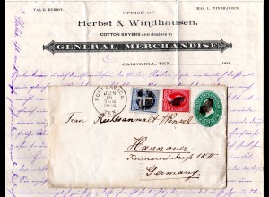 USA 1894, 1+2 C. on 2 C. stationery cover from Port Lavaca Texas to Germany