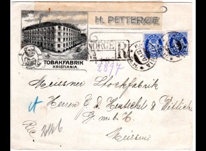 Norwegen 1917, 2x20 öre auf illustriertem Tabak Einschreiben Brief v. Kristiania