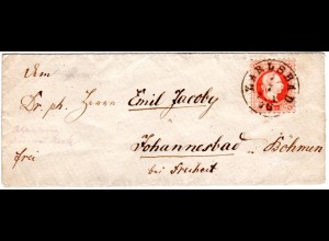 Österreich 1876, 5 Kr. auf kl. Brief m. K1 KARLSBAD n. Johannesbad. Geprüft.