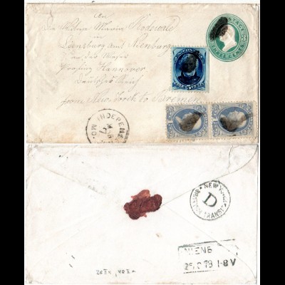 USA 1878, 5+Paar 1 C. auf 3 C. Ganzsache Brief v. Independence n. Deutschland