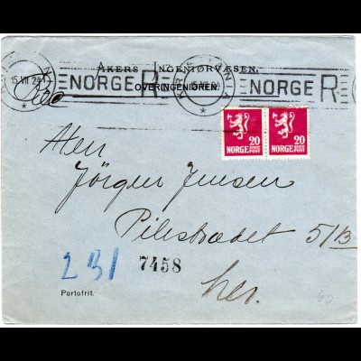 Norwegen 1924, Paar 20 öre auf Orts-Reko Brief v. Kristiania