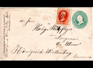 USA 1883, 2 C. auf Ganzsache m. Federzug v. Plum Valley, Nebr. n. Württemberg