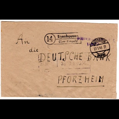 Franz Zone 1946, Landpost Stpl. EGENHAUSEN über Nagold auf Gebühr bezahlt Brief 