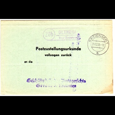 BRD 1955, Landpost Stpl. 20b OLXHEIM über Kreiensen auf Postzustellungsurkunde 