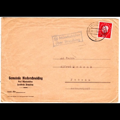 BRD 1959, Landpost Stpl. 13a MÜNCHSHÖFEN über Straubing auf Brief m. 20 Pf.