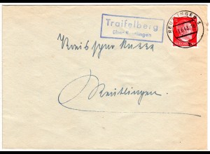 DR 1943, Landpost Stpl. TRAIFELBERG über Reutlingen auf Brief m. 12 Pf.
