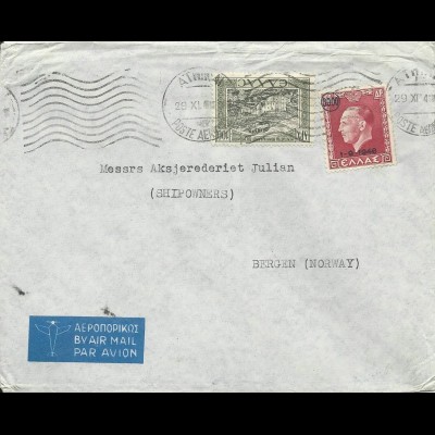 Griechenland 1949, Luftpost Brief m. 100+3000 Dr. v. Athen n. Norwegen. 
