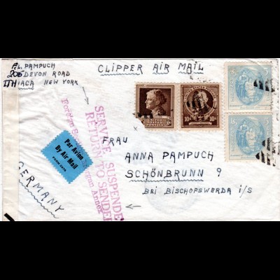 USA 1942, SERVICE SUSPENDED...Retourstpl. auf Luftpost Brief v. NY n. Detschland