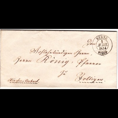 Schweiz 1834, Zier-K2 BERNE klar auf Brief n. Zollingen