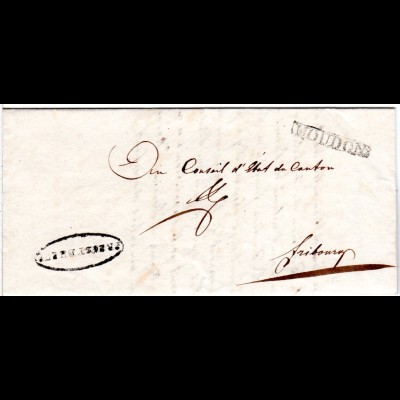 Schweiz 1831, R1 MOUDON auf Brief n. Fribourg.