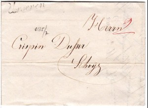 Schweiz 1837, Schreibschrift-L1 URSEREN auf Brief n. Schwyz.