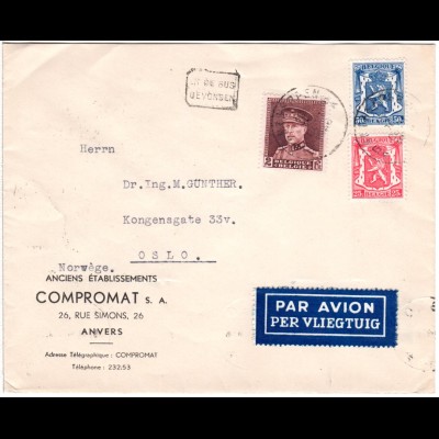 Belgien 1936, 25+50 C.+2 Fr. auf Luftpost Brief v. Antwerpen n. Norwegen