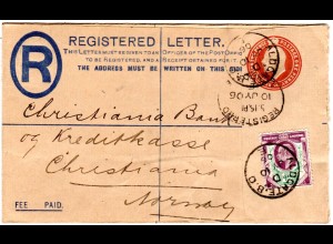 GB 1906, 1d Zusatzfr. auf 2+1d Reko Ganzsache Brief v. ALDGATE n. Norwegen 