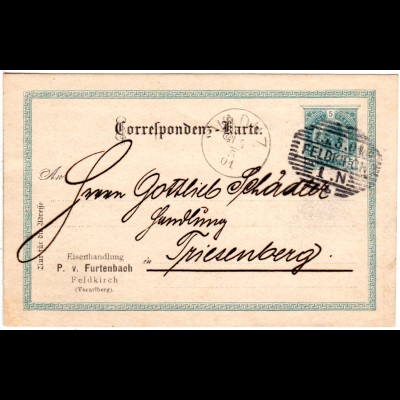 Österreich 1901, 5 H. Ganzsache m. Absenderzudruck v. Feldkirch n. Liechtenstein