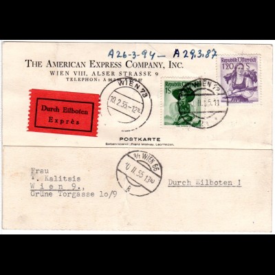 Österreich 1955, 1+1,20 S. auf Eilboten Rohrpost Karte v. Wien