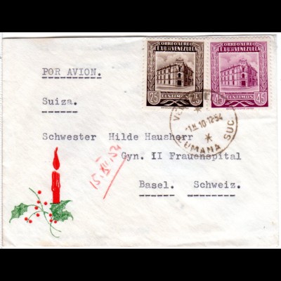 Venezuela 1954, 25+45 C. Postamt Caracas auf Weihnachtsbrief v. Cumaná i.d. CH.