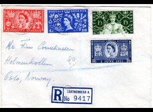 GB 1953, Krönung kpl. auf Leatherhead Reko Brief m. Ersttagsstempel! FDC!