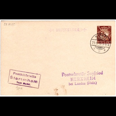 Bayern 1915, Posthilfstelle STAMMHAM Taxe Marktl auf 3 Pf. Privatganzsache