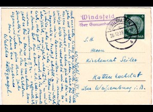 DR 1939, Landpost Stpl. WINDSFELD über Gunzenhausen auf Karte m. 6 Pf. 