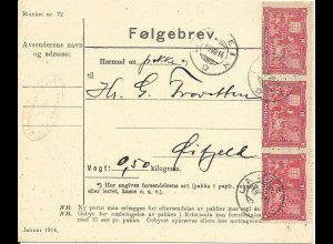 Norwegen 1914, MeF 3er-Streifen 10 öre Jubiläum auf Paketkarte v. LASTEIN. #1744