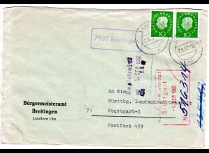 BRD 19612, Landpost Stpl. 7901 BREITINGEN auf Bürgermeister Brief m. 2x10 Pf.