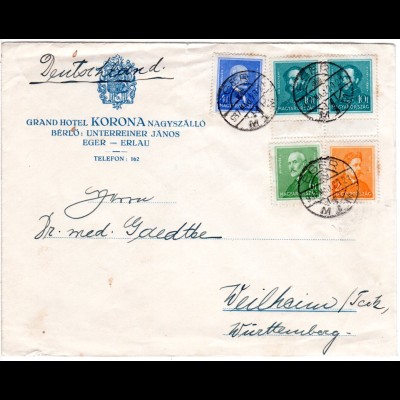 Ungarn 1937, 5 Marken auf Hotel Brief v. Eger - Erlau n. Württemberg