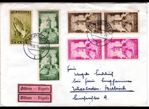 Saarland 1956, 7 Zuschlagmarken auf Eilboten Brief v. Saarbrücken n. Wiesbaden.