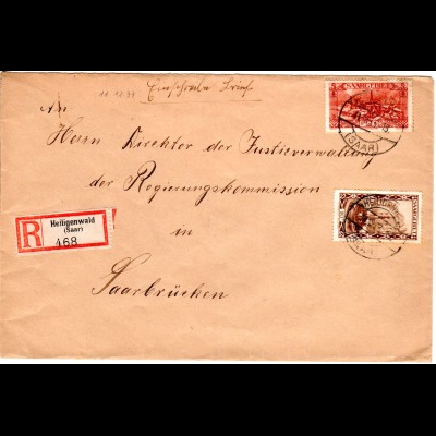 Saarland 1933, 2 Fr.+10 C. auf Einschreiben Brief v. Heiligenwald n. Saarbrücken