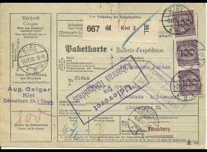 DR 1930, MeF 3x100 Pf. auf Paketkarte v. Kiel n. Dänemark. #1127