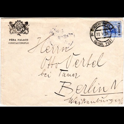 Österreich Post i.d. Levante 1906, 1 Pia. auf Hotel Brief v. Constantinopel 1