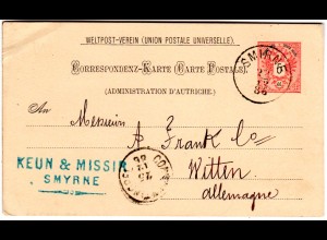 Österreich Post i.d. Levante 1886, K1 SMIRNE auf 5 Kr. Ganzsache m. Firmenstpl.