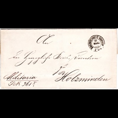 DR 1873, K2 BRAUNSCHWEIG BAHNHOF auf Militaria Brief n. Holzminden