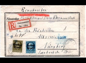 Bayern 1920, 20+40 Pf. auf Einschreiben Päckchenadresse v. Ebermannstadt