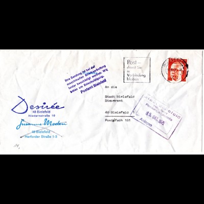 BRD 1975, durch Briefautomation beschädigter Brief m. Bielefeld Hinweis Stempel 