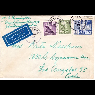 Schweden 1946, 10+40+90 öre auf Luftpost Brief v. Föllinge n. USA