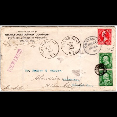 USA 1902, 2 C. auf Brief v. Omaha, mit Paar 2 C. nachgesendet v. Sherburne