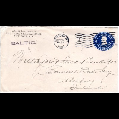 USA 1907, 5C. Ganzsache Brief v. New York n. Finnland m. Schiffstpl. BALTIC 