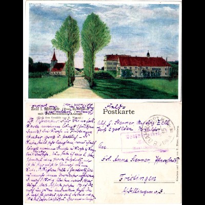 Bayern 1915, R3 Posthilfstelle ZELL Taxe Eysölden auf Feldpost Farb-AK. 